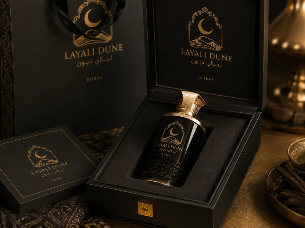 High-end UAE perfume packaging with a luxury rigid gift box, fitted insert, gold foil logo, and premium black paper finish, designed for boutique fragrance brands and luxury retail presentation.