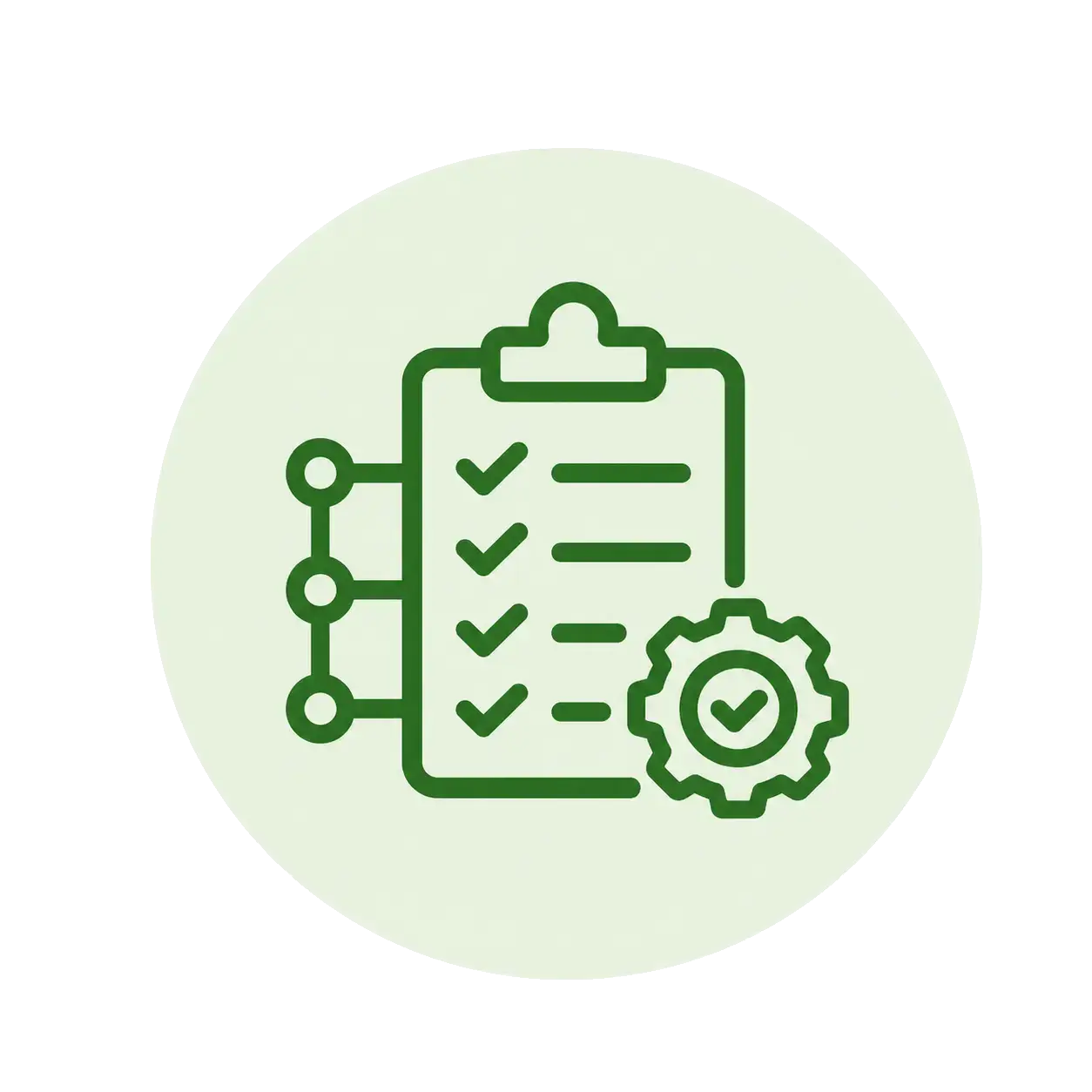 Green project control icon for custom packaging production, showing a checklist, workflow, and quality control gear.