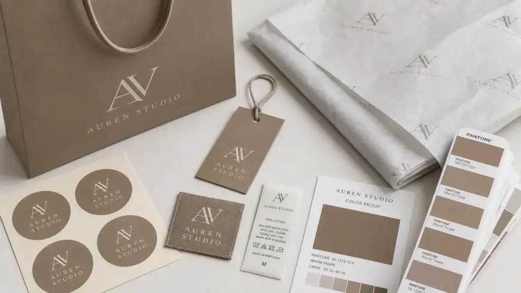 Clothing packaging color consistency comparison across paper bag, tissue paper, sticker, hang tag, woven label, care label, and Pantone color proof