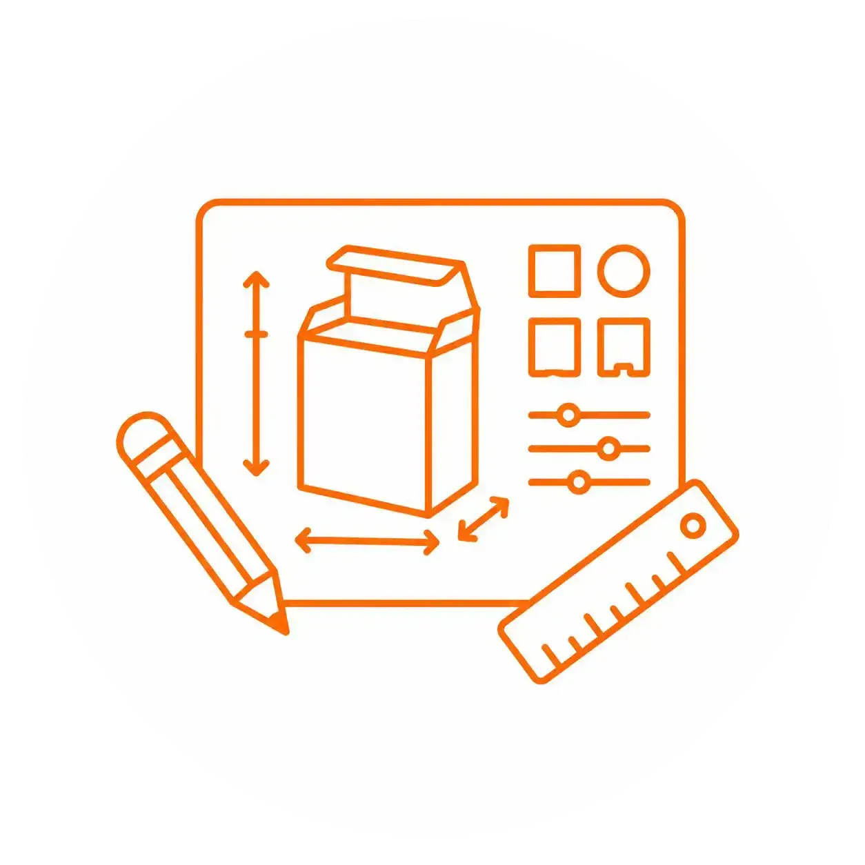 Orange line icon showing a design board, pencil, ruler, size arrows, and packaging options, representing flexible custom packaging capability for different product needs.