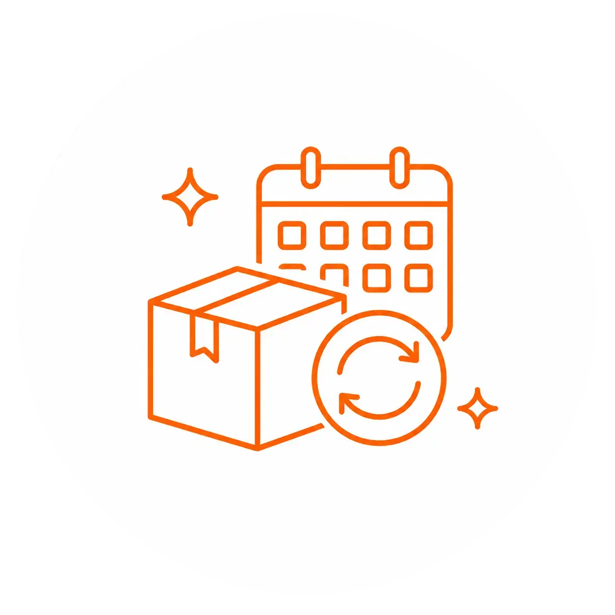 Orange line icon showing a package, calendar, and reorder arrows, representing reliable lead time and easier repeat orders for custom packaging projects.