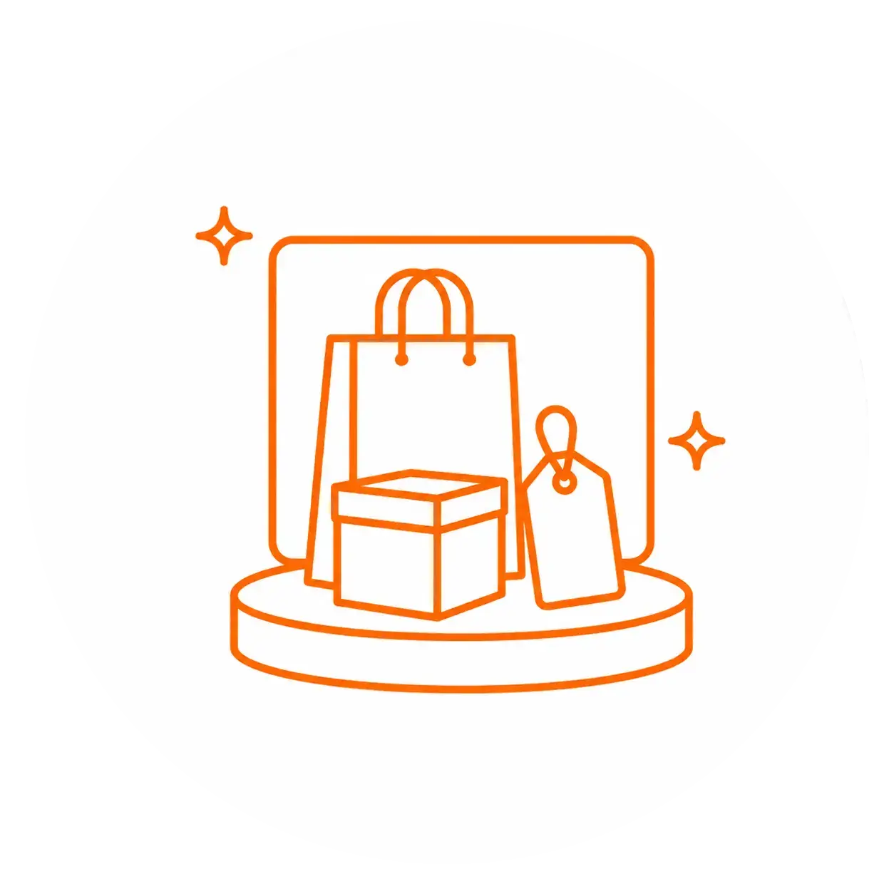 Orange line icon showing paper bags, a box, and a hang tag displayed on a platform, representing better product presentation through custom packaging.
