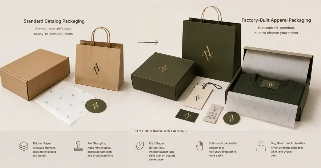 Comparison of standard catalog packaging and factory-built apparel packaging with custom paper bags, mailer boxes, hang tags, labels, tissue paper, and finishing options