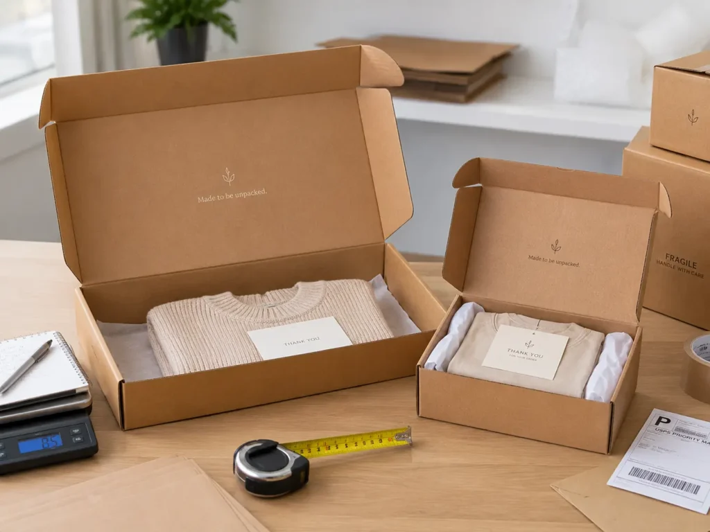 Two e-commerce mailer boxes in different sizes with apparel, tissue paper, insert cards, tape measure, scale, and shipping label showing how box size affects shipping cost and dimensional weight.