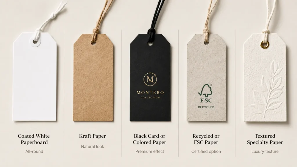 Custom hang tag material comparison for apparel packaging, showing coated white paperboard, kraft paper, black card, recycled FSC paper, and textured specialty paper options.