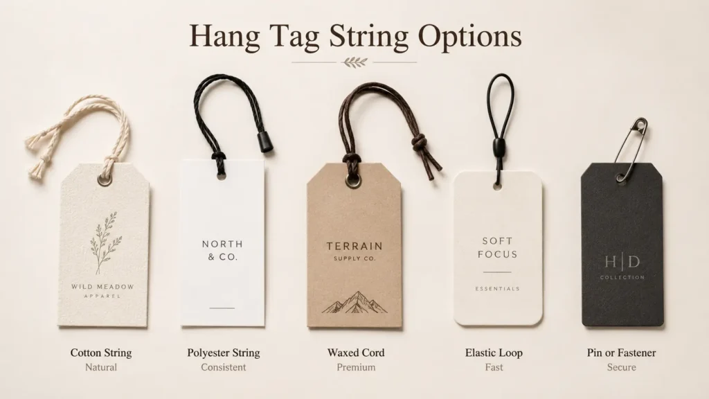 Custom hang tag string options for apparel brands, including cotton string, polyester string, waxed cord, elastic loop, and pin fastener choices for clothing hang tags.