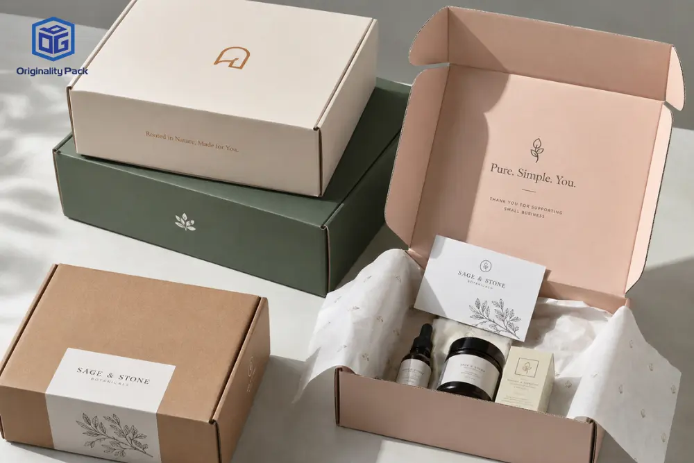 Custom mailer box packaging with branded corrugated mailer boxes, tissue paper, insert card, and retail products for e-commerce shipping.