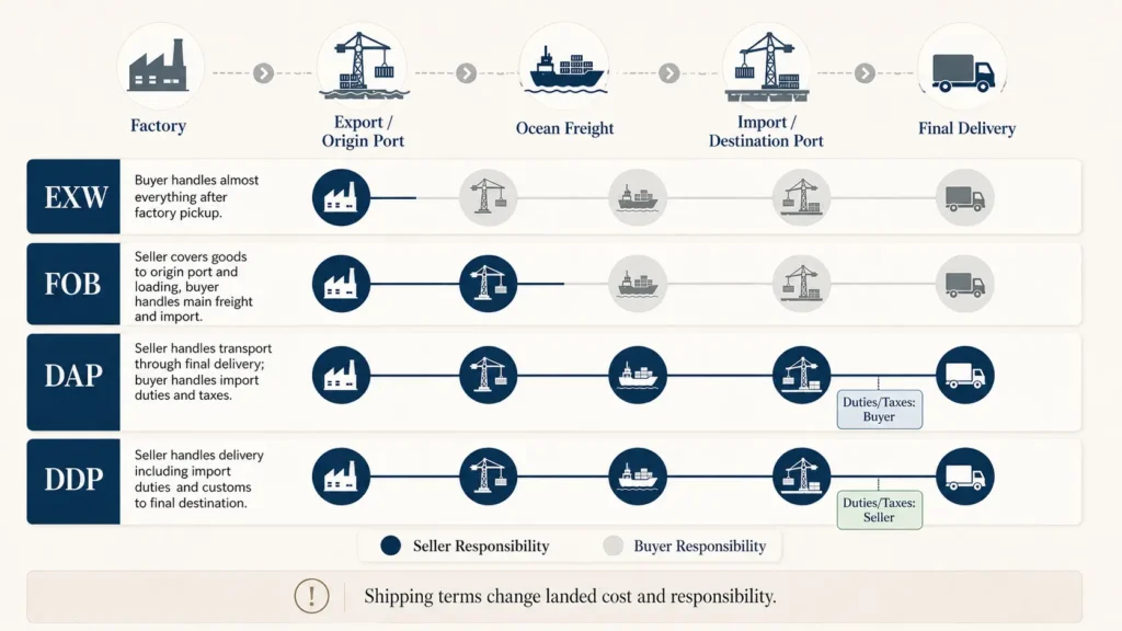 Shipping terms comparison chart explaining EXW, FOB, DAP, and DDP for custom clothing packaging orders, including factory pickup, origin port, ocean freight, destination port, final delivery, duties, taxes, and responsibility split.