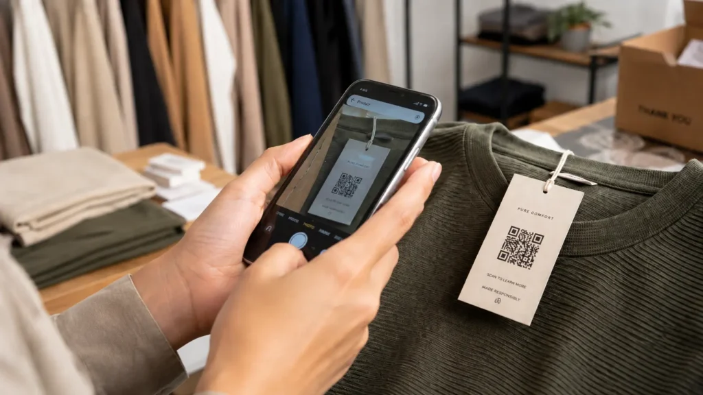 Employee scans a QR code on custom hang tags with string attached to clothing to check QR code readability before bulk apparel hang tag production.