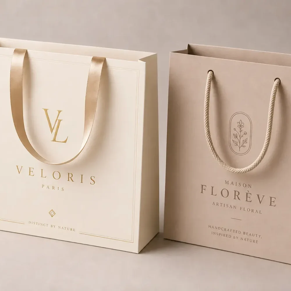Premium custom paper bags with glue-in ribbon handles and punched cotton rope handles, showing luxury paper bag handle options for brand packaging.