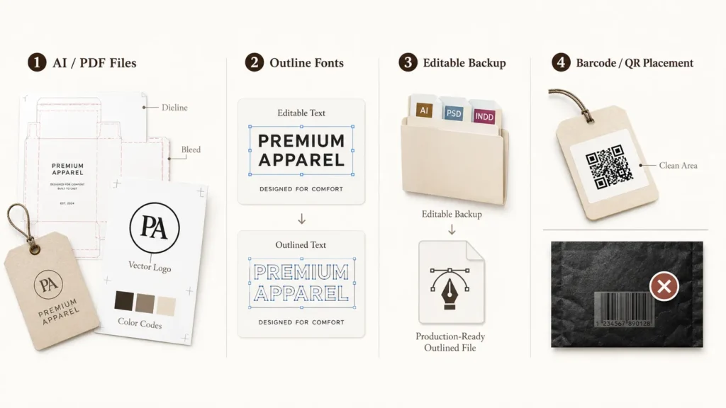 Production artwork checklist for custom clothing packaging, including AI or PDF files, dieline and bleed setup, vector logo, color codes, outlined fonts, editable backup files, and clean barcode or QR code placement.