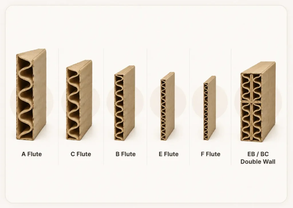 Visual comparison of corrugated flute types including A flute, B flute, C flute, E flute, F flute and EB BC double wall board
