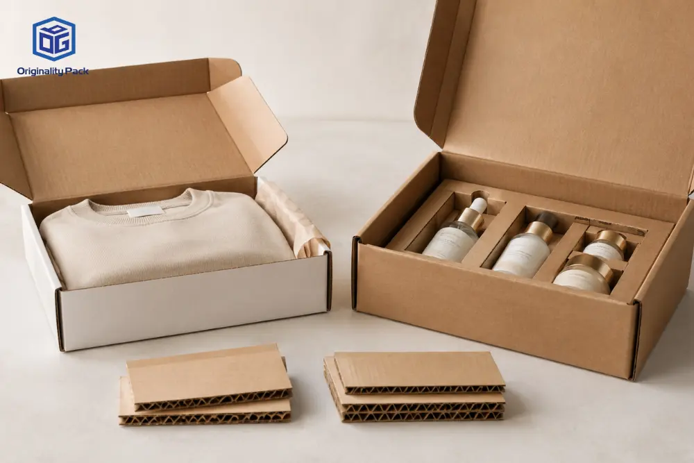 Custom corrugated mailer boxes showing different flute structures for lightweight apparel and protective packaging selection