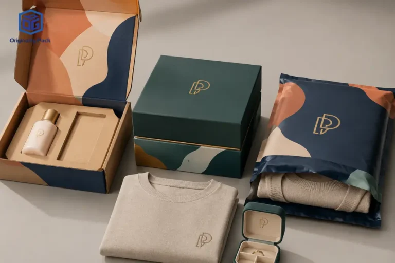 Custom ecommerce packaging showing a corrugated mailer box, rigid gift box, and poly mailer with inserts for clothing, cosmetics, and premium products