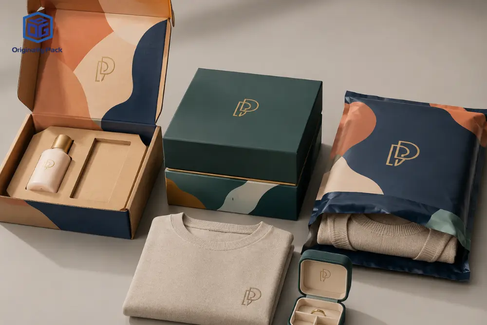Custom ecommerce packaging showing a corrugated mailer box, rigid gift box, and poly mailer with inserts for clothing, cosmetics, and premium products