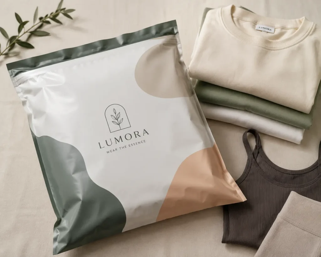 Custom poly mailer packaging for clothing ecommerce shipping, showing a branded mailing bag with folded apparel for lightweight and non-fragile products