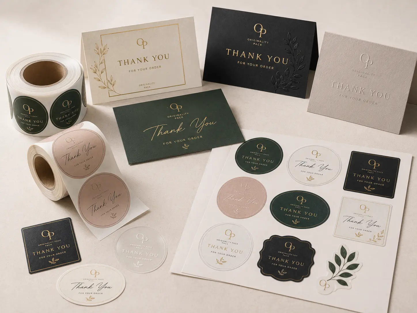 Custom printed brand materials such as sticker labels and thank you cards for custom packaging solutions