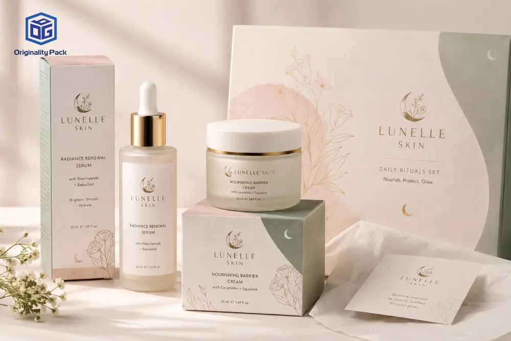 Custom skincare boxes for serum bottle, cream jar, and skincare set packaging, showing branded folding cartons, rigid box, tissue paper, and insert card for retail and e-commerce skincare products.