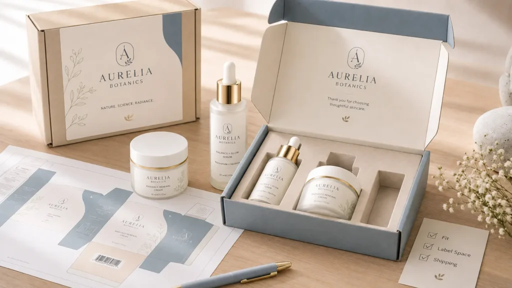 Custom skincare packaging sample review with serum bottle, cream jar, fitted paper insert, printed dieline, label space checklist, and outer mailer box to check fit, branding, and shipping protection before production.
