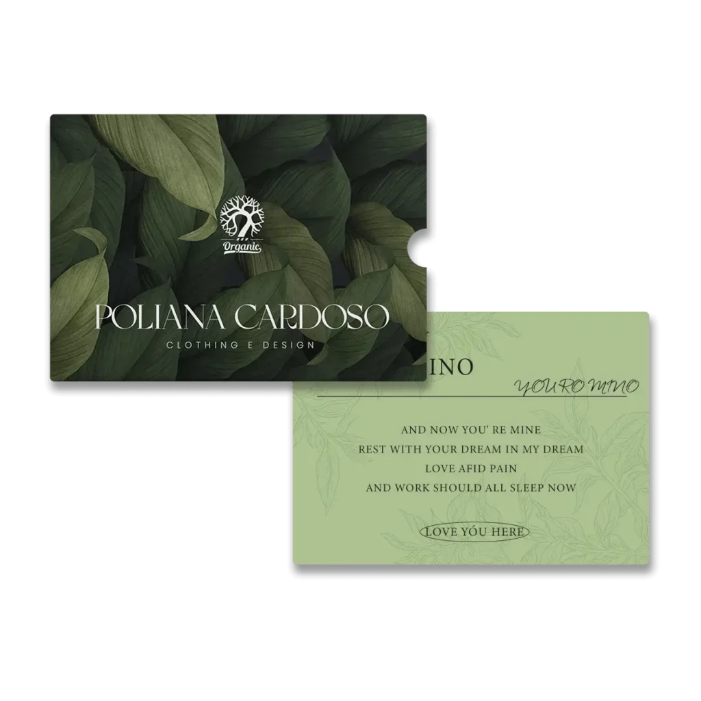 Custom thank you card with holder for apparel packaging, featuring a branded printed card, matching paper sleeve, botanical artwork, and premium unboxing presentation for clothing brands.