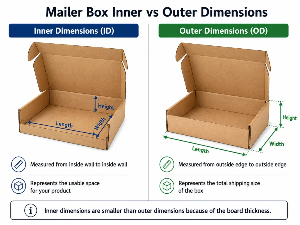 A visual guide showing how to measure custom mailer box inner dimensions for product fit and outer dimensions for shipping size, including length, width, and height.