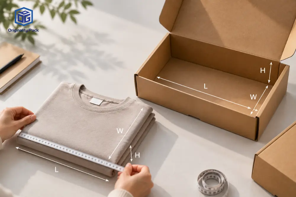 Guide showing product measurements and internal L W H dimensions for choosing the right custom mailer box size