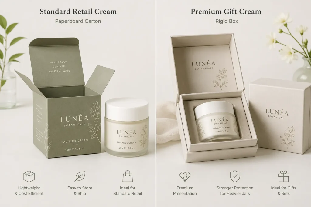 Comparison of cream jar packaging using a paperboard carton and a rigid box, showing how to choose the right structure based on product weight, presentation, and shipping needs without overbuilding the packaging.