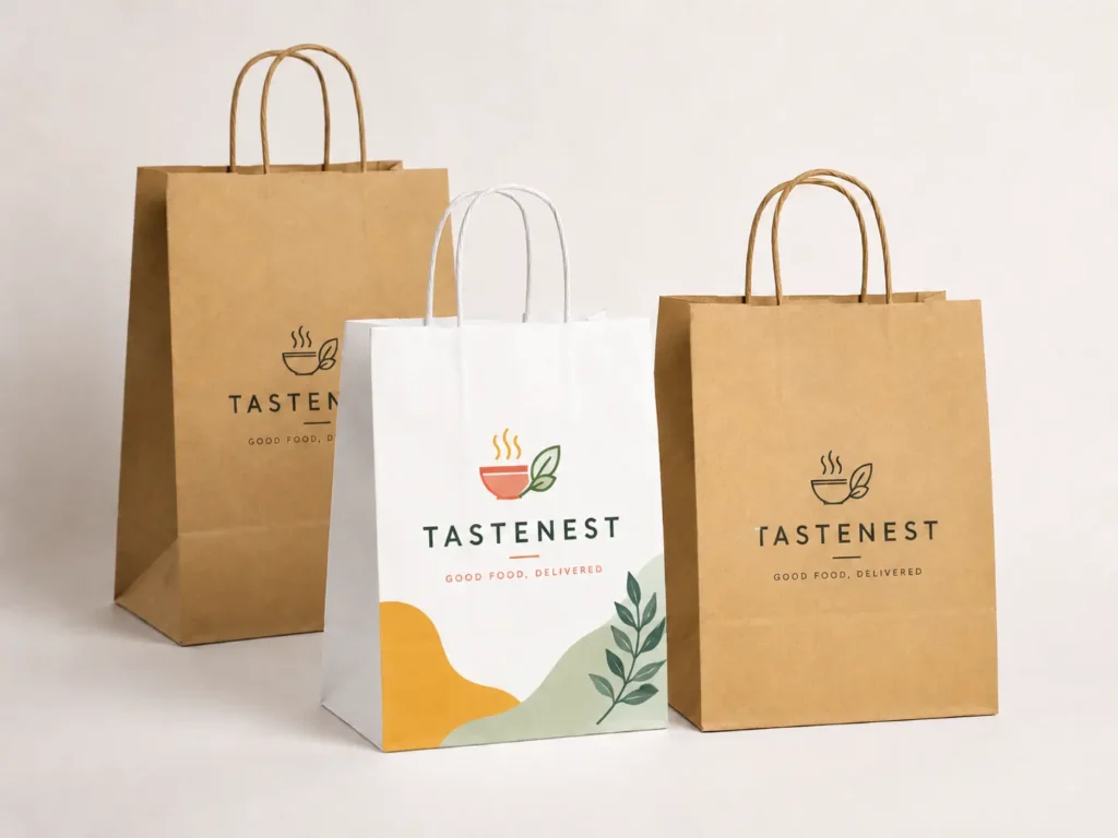 Brown kraft paper and white kraft paper bags showing different colors and printing options for retail brands