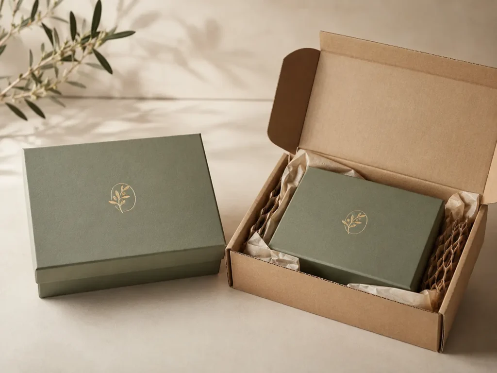 Luxury rigid box with premium paper wrapping placed inside a corrugated shipping box for gift, cosmetic, and high-end product packaging