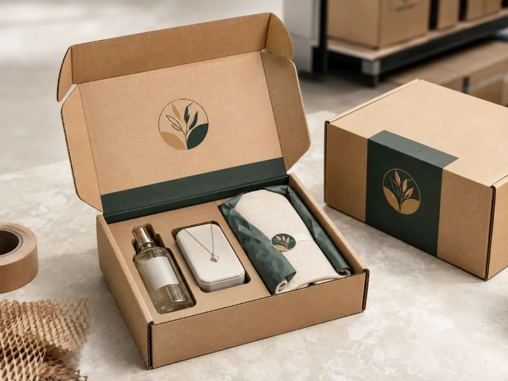 Printed corrugated mailer box with custom insert and branded packaging design for shipping cosmetics, accessories, and clothing products