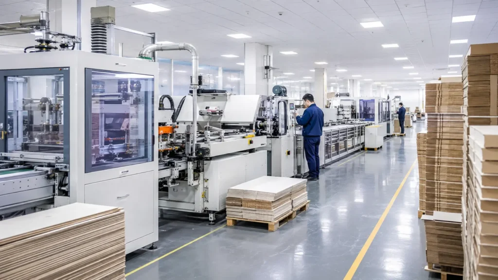 Modern China paper packaging factory with automated production lines and workers manufacturing custom paper packaging at scale.