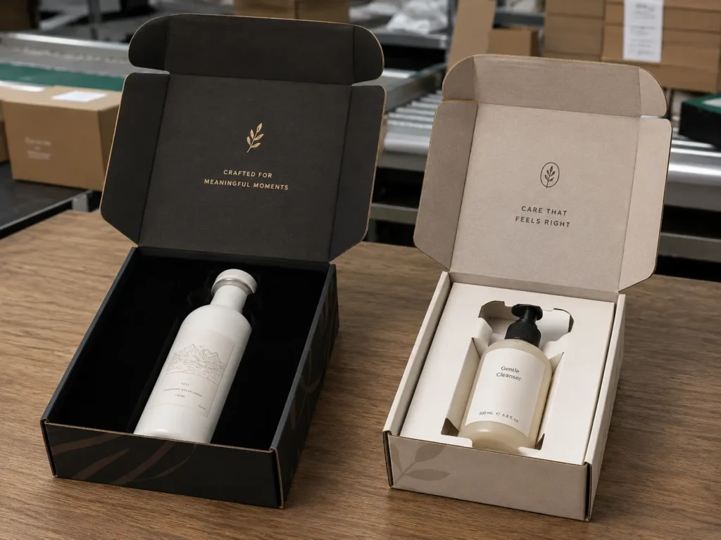 Two custom corrugated mailer boxes with black foam and white paperboard inserts holding bottled products on a packaging factory worktable.