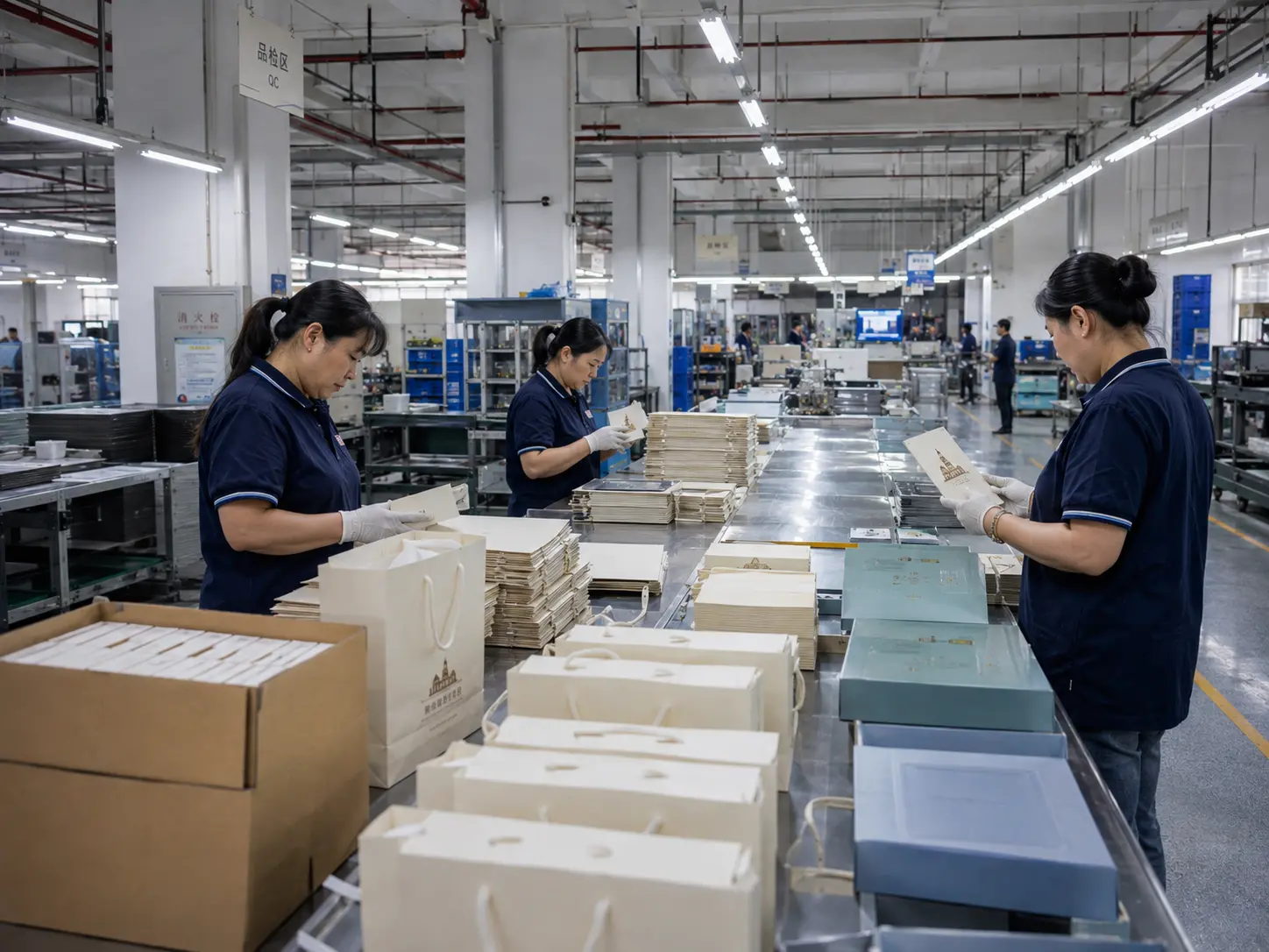 Quality control team inspecting custom paper bags and packaging boxes on the production line at our packaging factory.