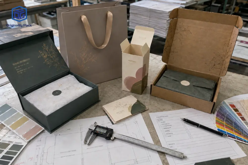 Custom packaging pre-production samples on a quality control desk, including a rigid box, paper bag, folding carton, and mailer box.