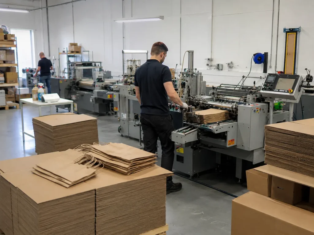 Local paper bag supplier production workshop with workers and machinery producing standard kraft paper bags.