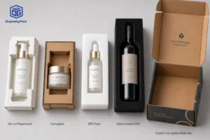 Comparison of custom mailer box inserts, including die-cut paperboard, corrugated board, EPE foam and velvet-covered EVA, displayed with skincare bottles, a wine bottle and a printed corrugated mailer box.