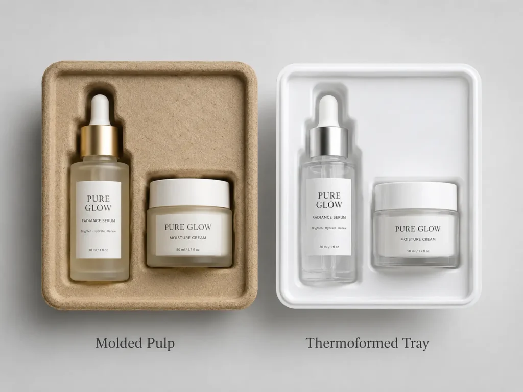 Molded pulp and thermoformed tray inserts for custom packaging, compared with skincare bottle and jar products.