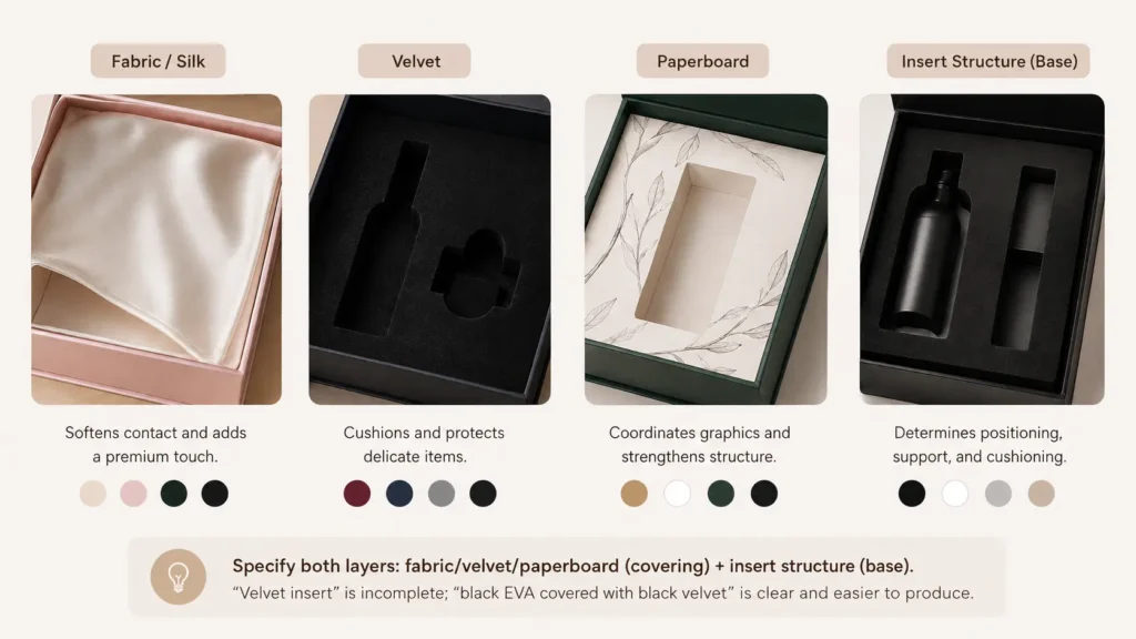 Visual guide to mailer box insert coverings and base structure, comparing fabric or silk, velvet, paperboard, and structural insert materials.