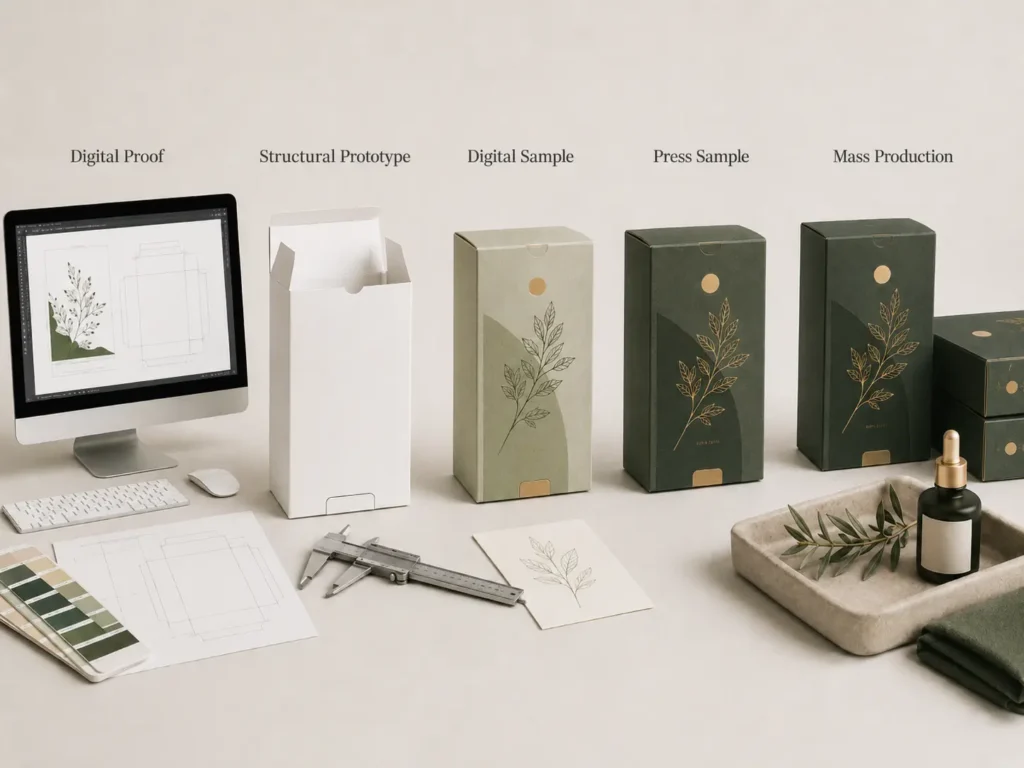 Comparison of a digital proof, structural prototype, digital sample, press sample, and mass production packaging.