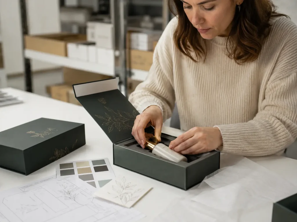 Testing how a product fits inside a custom rigid box insert before final packaging production.