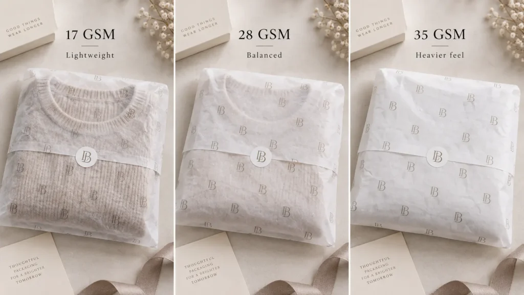 Comparison of 17 GSM, 28 GSM and 35 GSM custom tissue paper wrapping folded apparel, showing differences in transparency, coverage and overall paper feel.