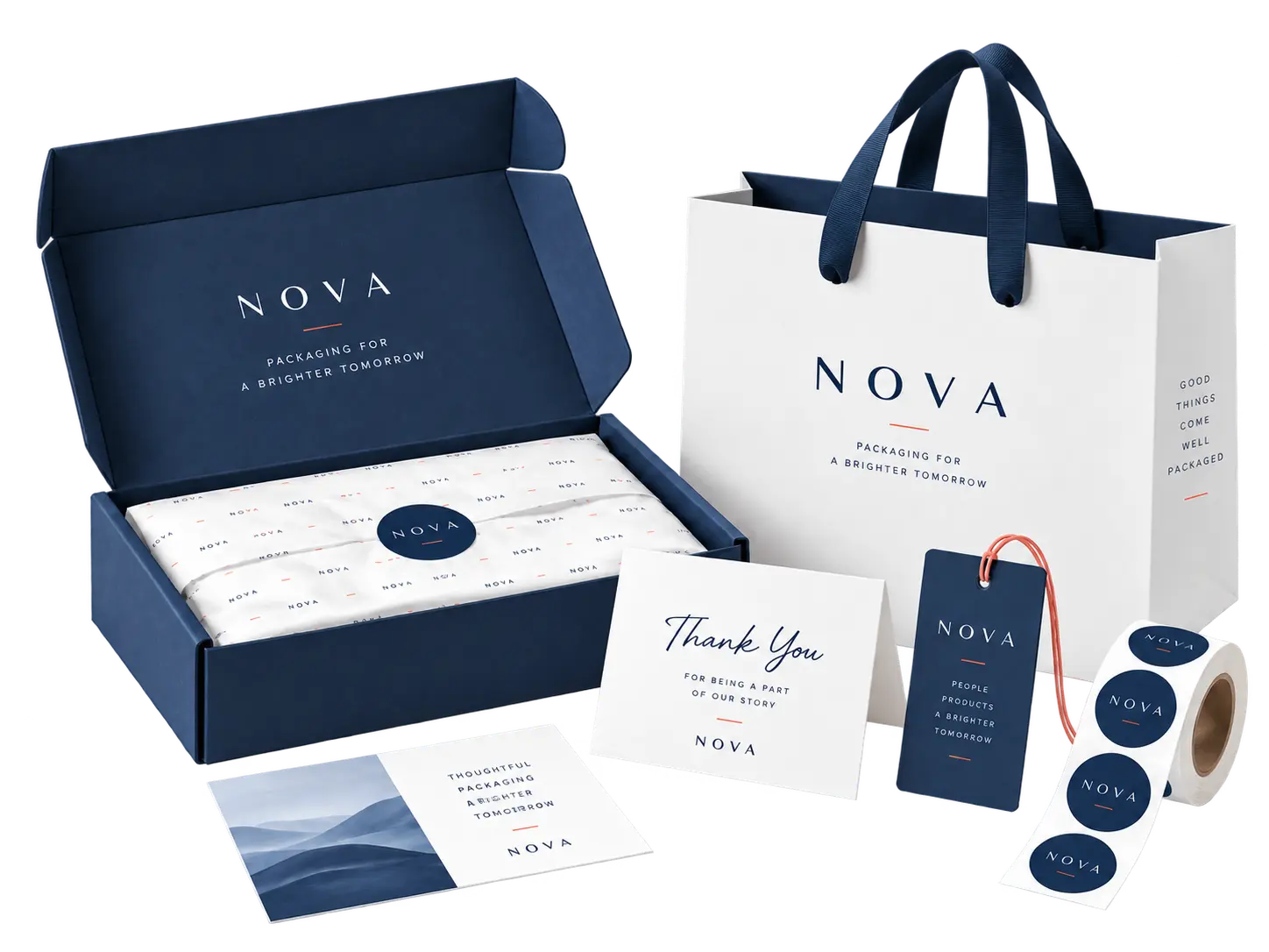 Custom packaging set from OriginalityPack with branded mailer box, paper bag, tissue paper, stickers, hang tag and thank you card