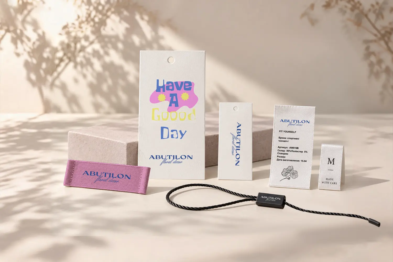 omplete custom clothing tag and label set with hang tags, woven label, care label, size label and string seal for apparel brands