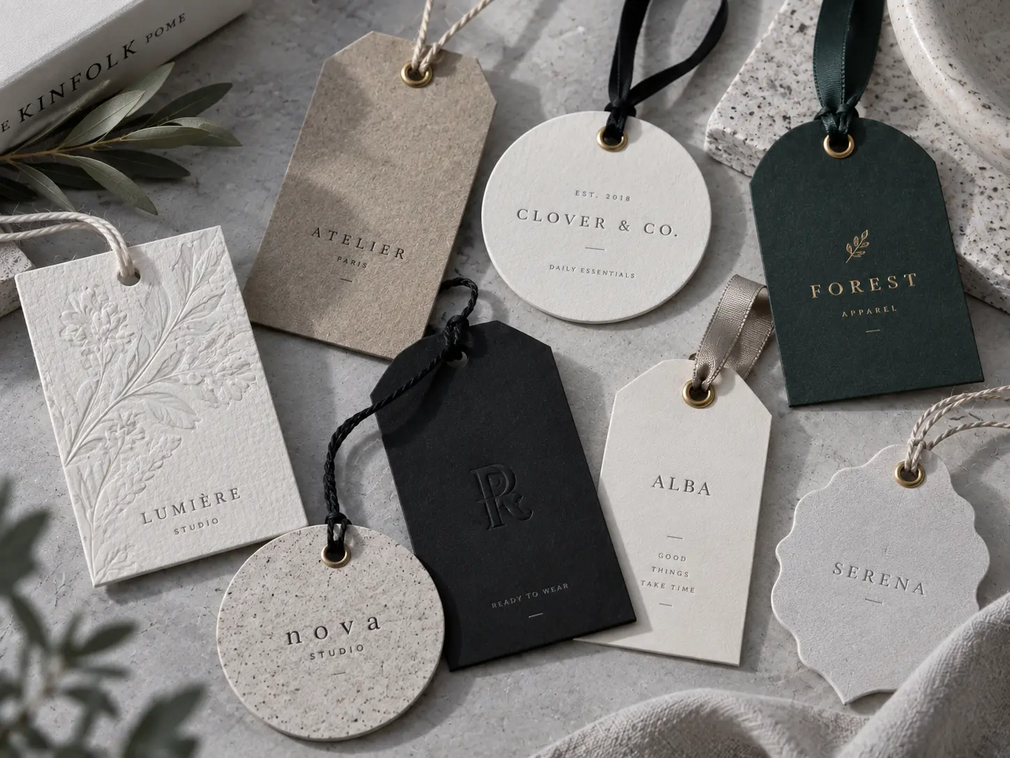 Custom clothing hang tags made with textured paper, kraft paper, premium cardstock and specialty materials for apparel brands