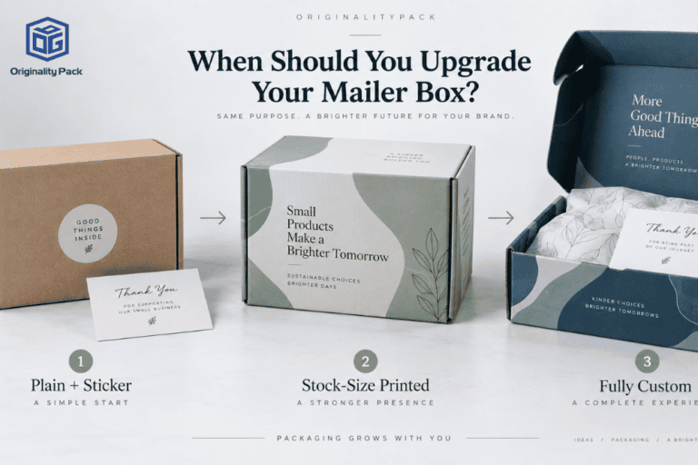 Three custom mailer box options for small businesses: a plain kraft box with logo sticker, a stock-size printed mailer box, and a fully custom branded mailer box with tissue paper and thank-you card.