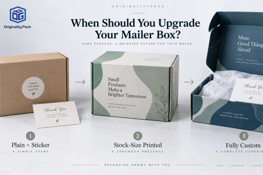 Three custom mailer box options for small businesses: a plain kraft box with logo sticker, a stock-size printed mailer box, and a fully custom branded mailer box with tissue paper and thank-you card.