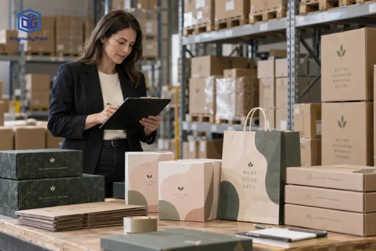 Originality Pack team member reviewing customized paper boxes and bags in a warehouse while planning the right packaging order quantity.