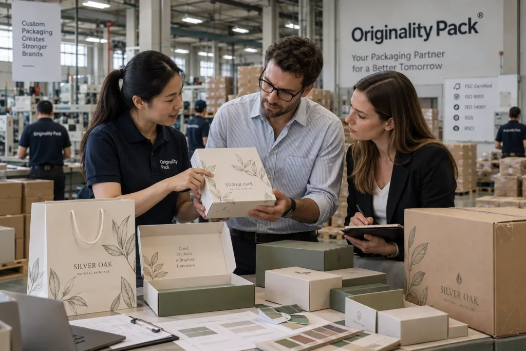 Originality Pack team reviewing customer-branded paper boxes and bags with clients in the factory before confirming packaging specifications and final order quantity.
