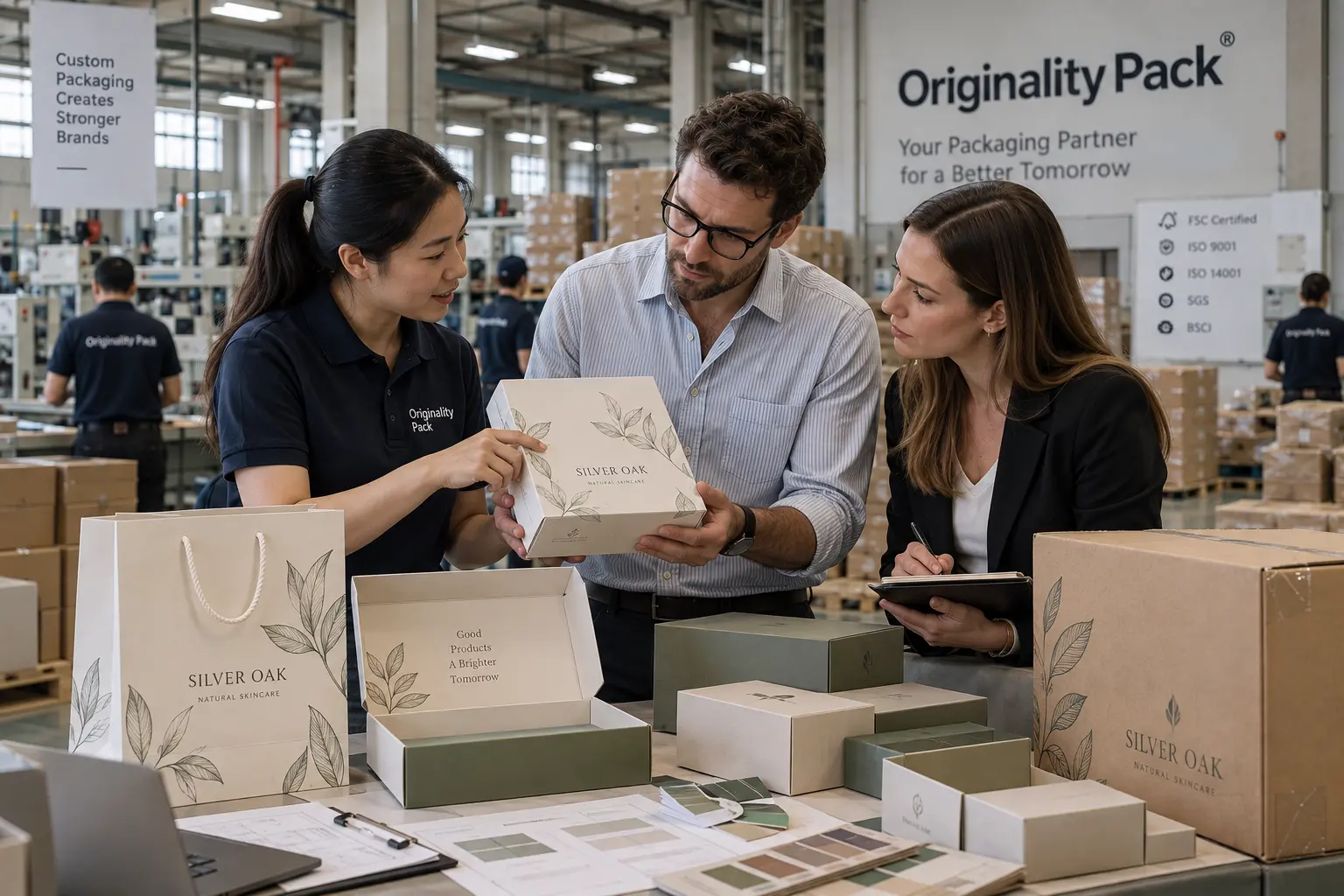 Originality Pack team reviewing customer-branded paper boxes and bags with clients in the factory before confirming packaging specifications and final order quantity.