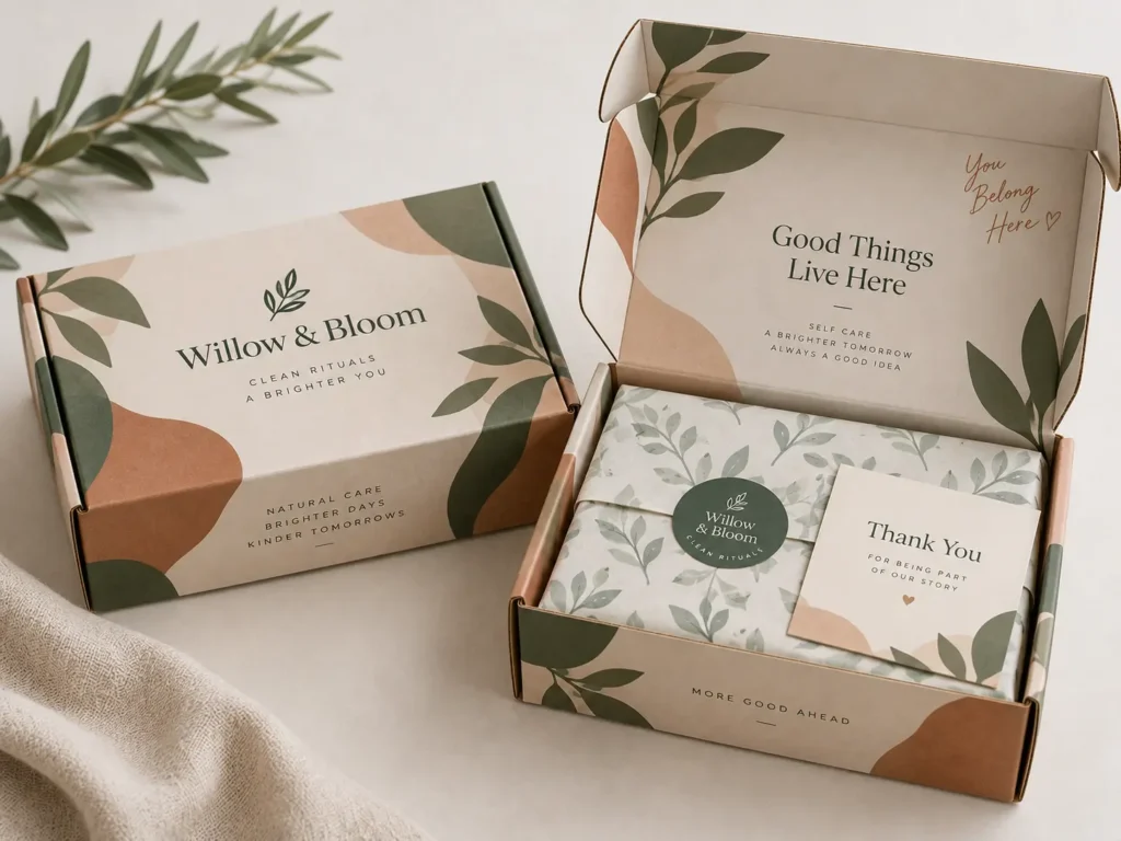 Fully custom full-color printed mailer box with branded interior, tissue paper and thank-you card for a complete small-business unboxing experience